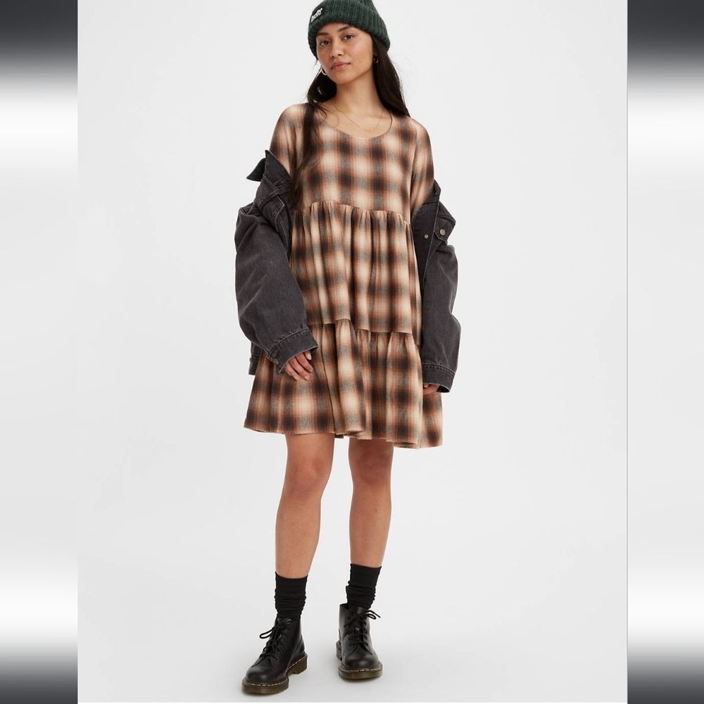 NWT Levi's ANDY BABYDOLL DRESS Brown plaid Flannel Lagenlook tier ruffle Boho XS